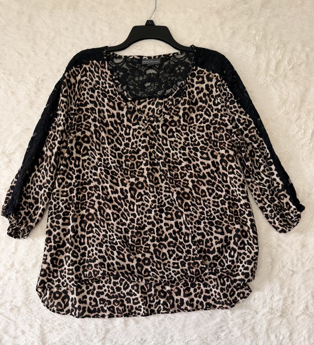Bold Elements Leopard Print Blouse Womens XL Black Lace Trim Surplice V-Neck 3/4